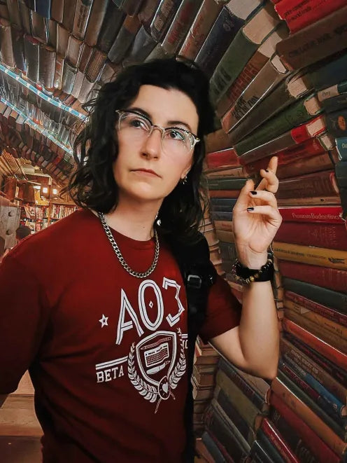 Dawn from the College Bookcore team in the Ao3 Shirt