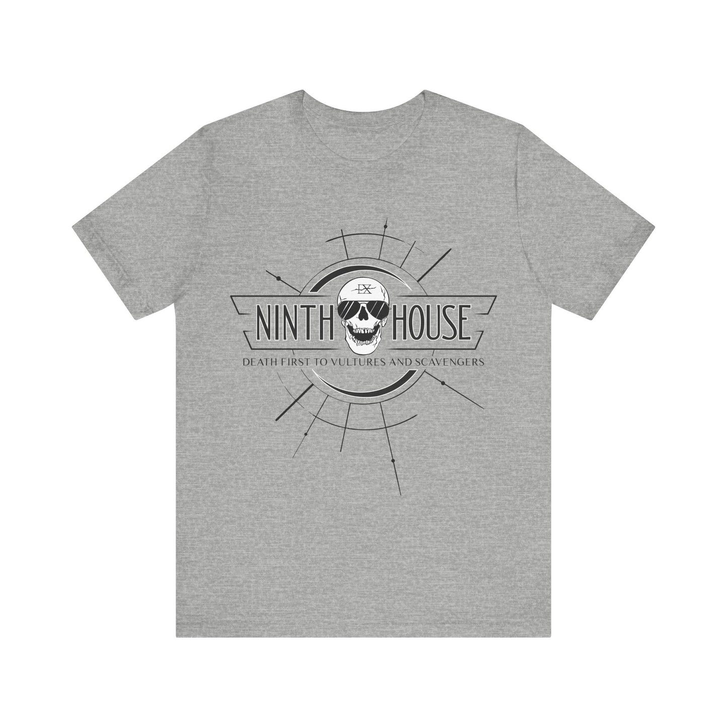 Gideon the ninth themed ninth house sweatshirt in grey with skull and the phrase "death first to vultures and scavengers"
