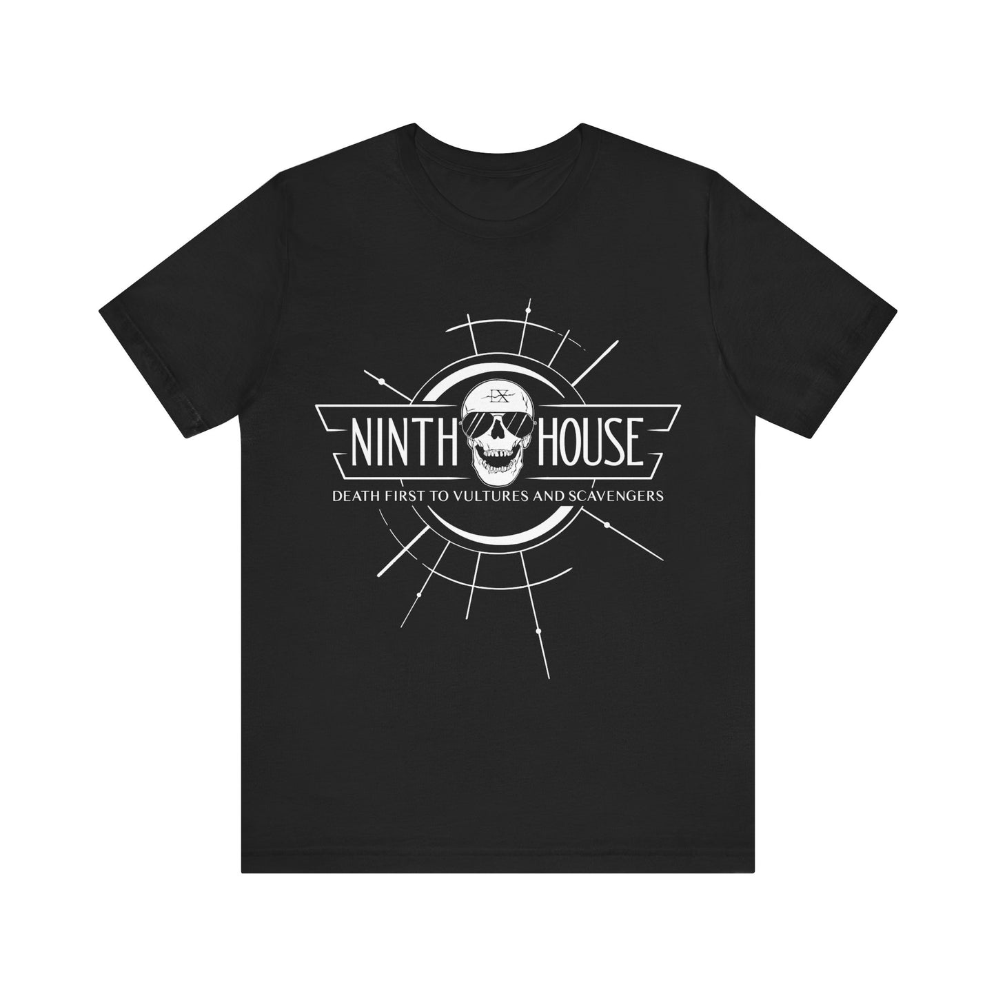 Gideon the ninth themed ninth house shirt in black with skull and the phrase "death first to vultures and scavengers"