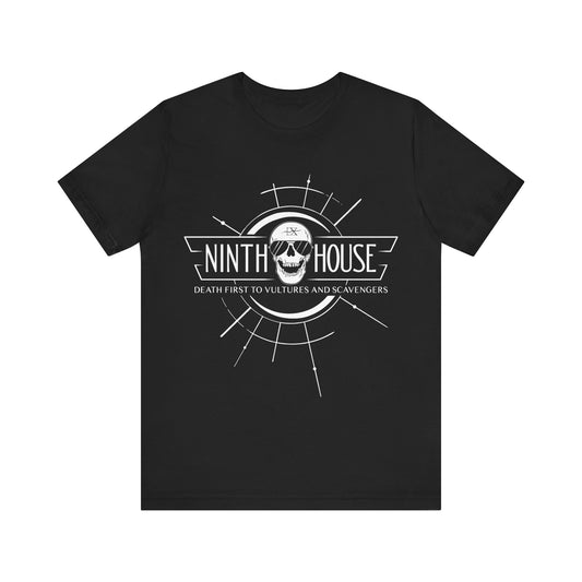 Gideon the ninth themed ninth house shirt in black with skull and the phrase "death first to vultures and scavengers"