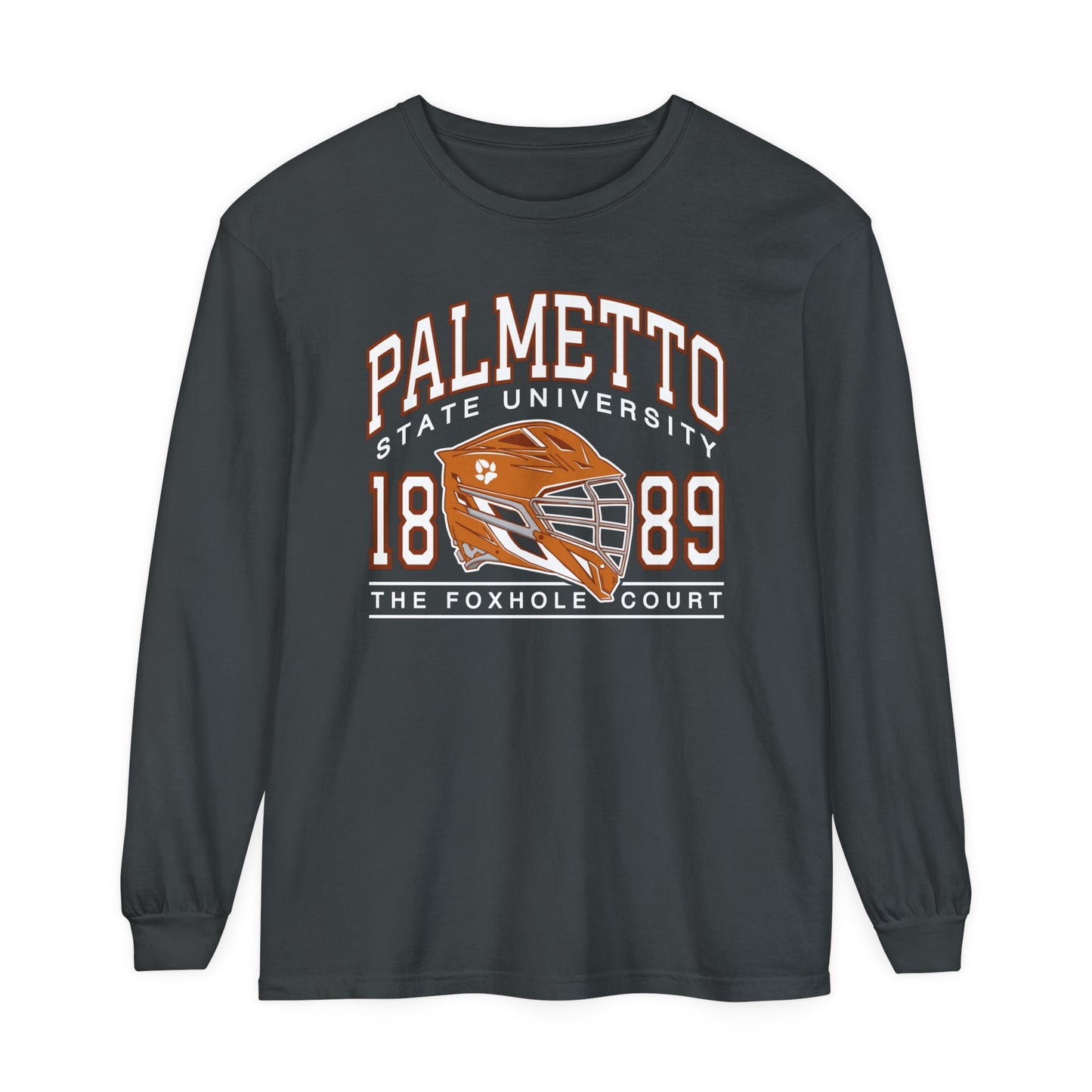 Palmetto state university foxhole court all for the game long sleeve shirt in dark gray on white background