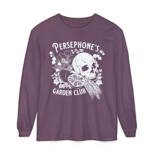 Persephone's Garden Club long sleeve shirt in purple with pomegranates and skull