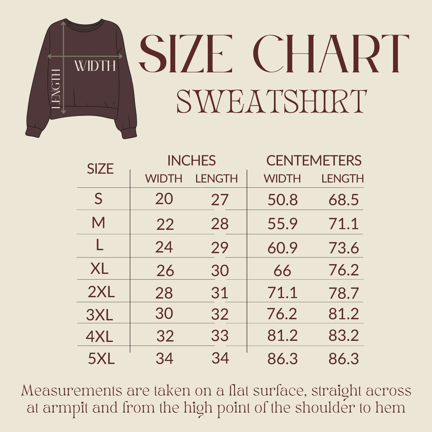 size chart for the sweatshirt