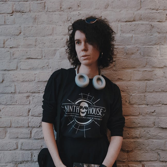 Gideon the ninth themed ninth house long sleeve shirt in black with skull and the phrase "death first to vultures and scavengers"