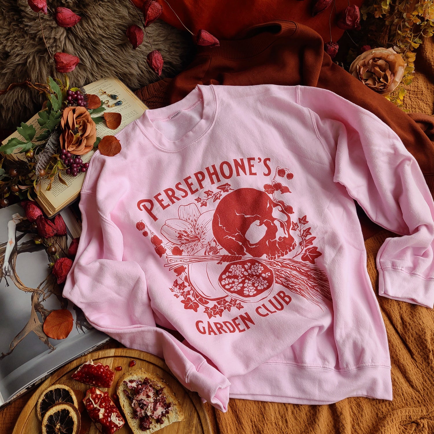Persephone's Garden Club Sweatshirt Flatlay with Flowers