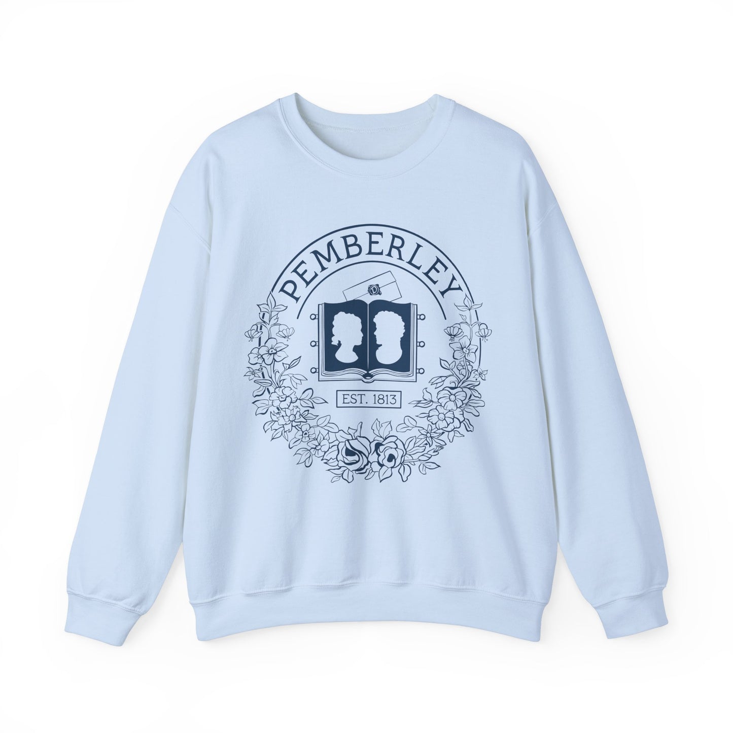 Pemberley sweatshirt in blue with pride and prejudice illustration in navy