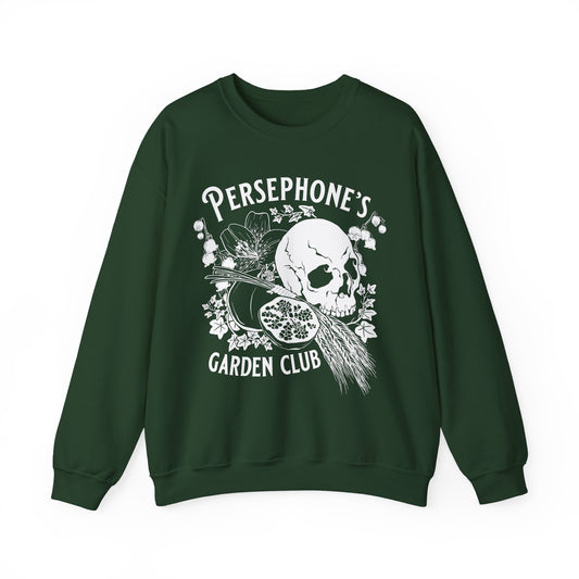 Persephone's Garden Club sweatshirt in green with pomegranates and skull