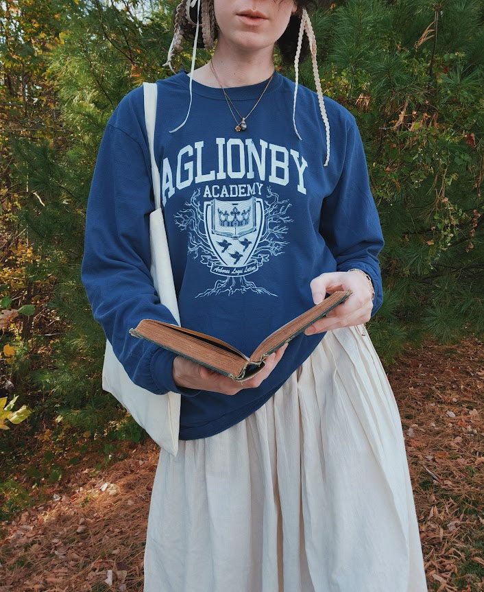 Aglionby academy from the raven cycle long sleeves shirt modeled close up