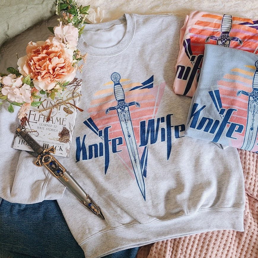 Knife Wife sweatshirt in an 80s style print. Styled with the cruel prince books and with a jude Duarte dagger
