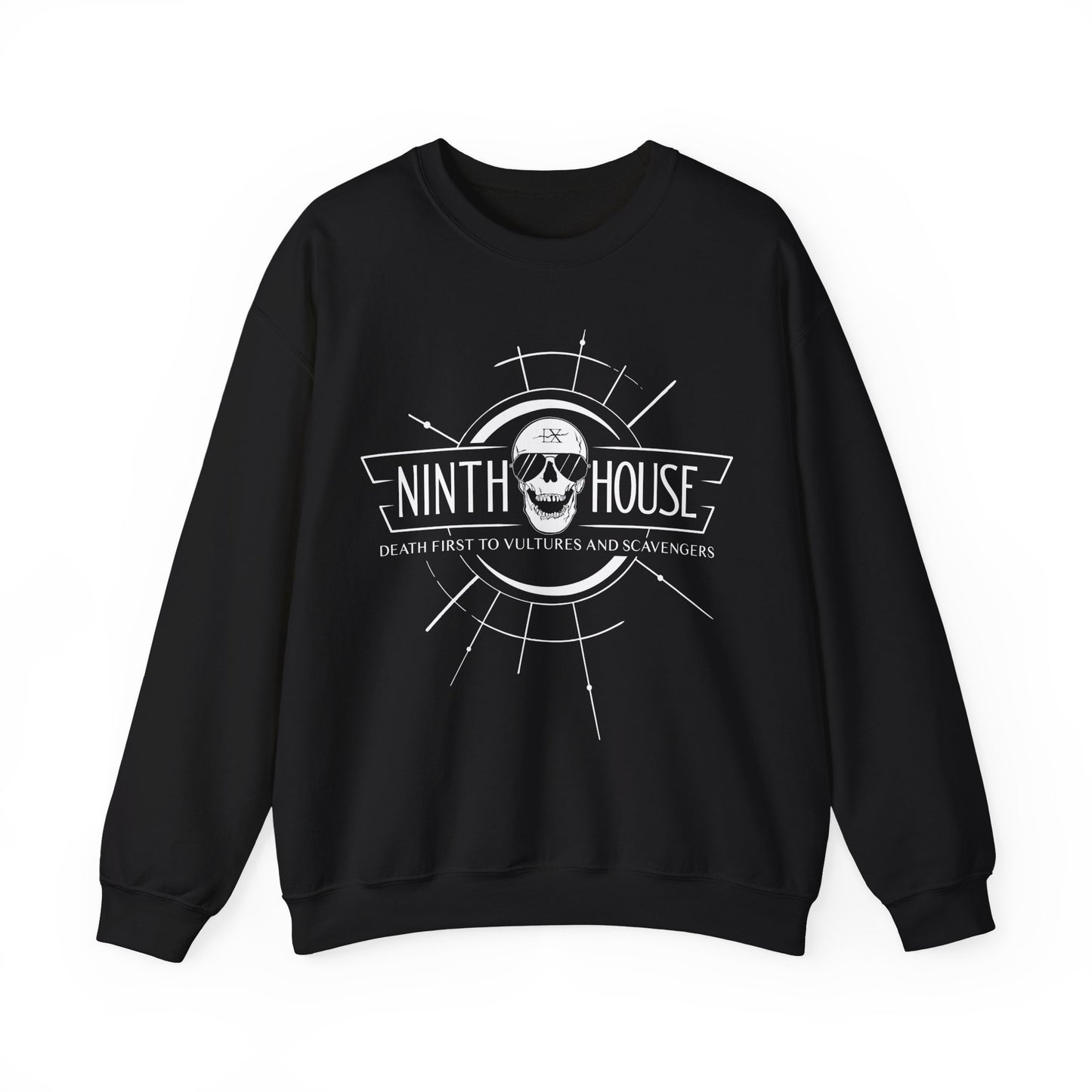 Gideon the ninth themed ninth house sweatshirt in black with skull and the phrase "death first to vultures and scavengers" 