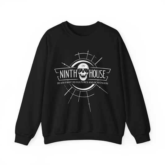Gideon the ninth themed ninth house sweatshirt in black with skull and the phrase "death first to vultures and scavengers" 