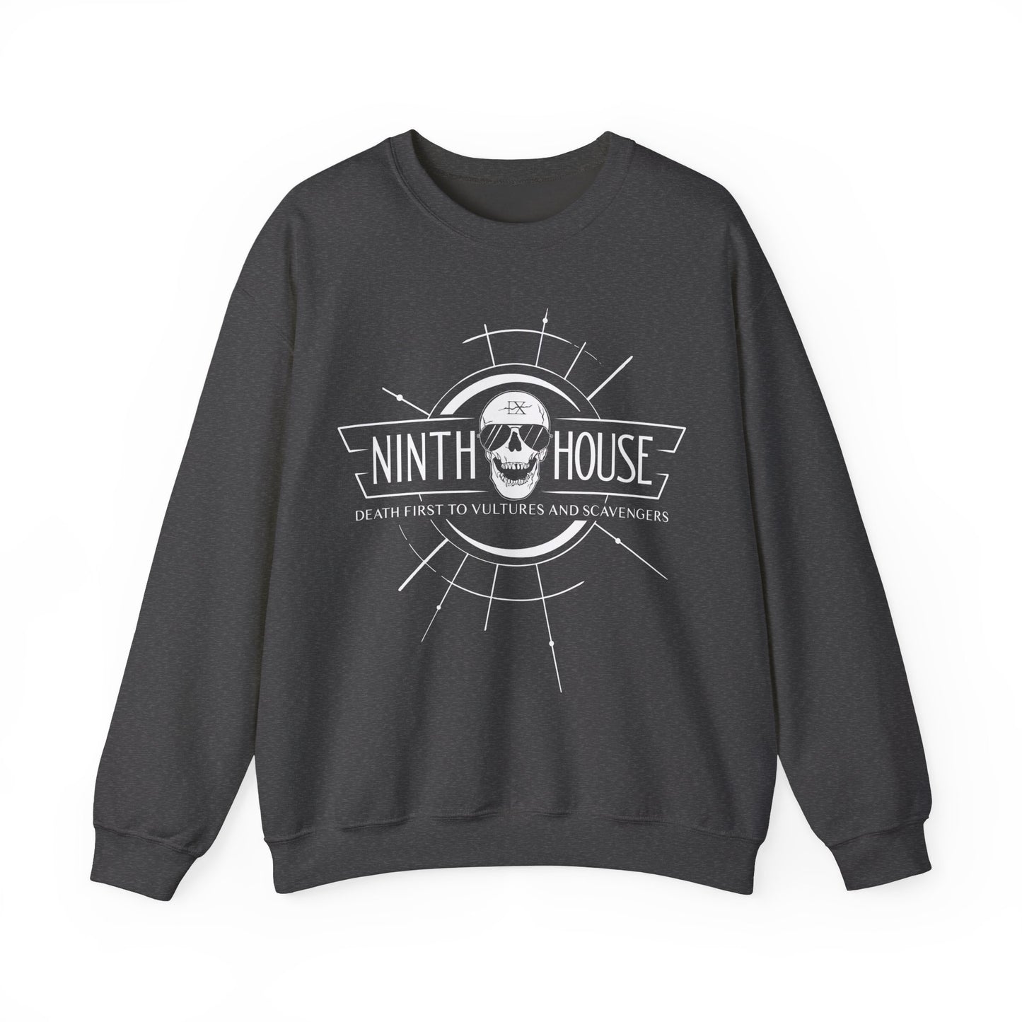 Gideon the ninth themed ninth house sweatshirt in black with skull and the phrase "death first to vultures and scavengers" 