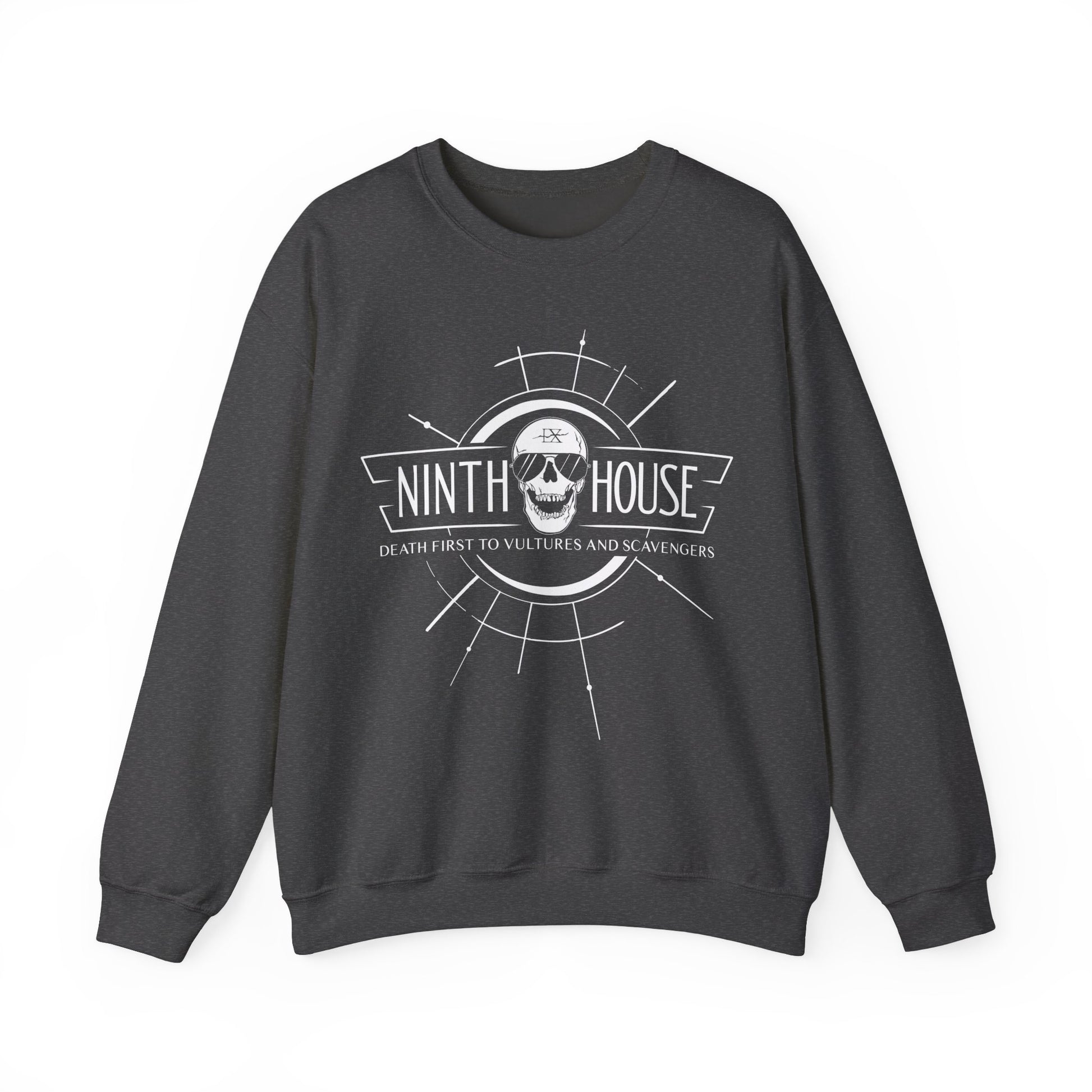 Gideon the ninth themed ninth house sweatshirt in black with skull and the phrase "death first to vultures and scavengers" 