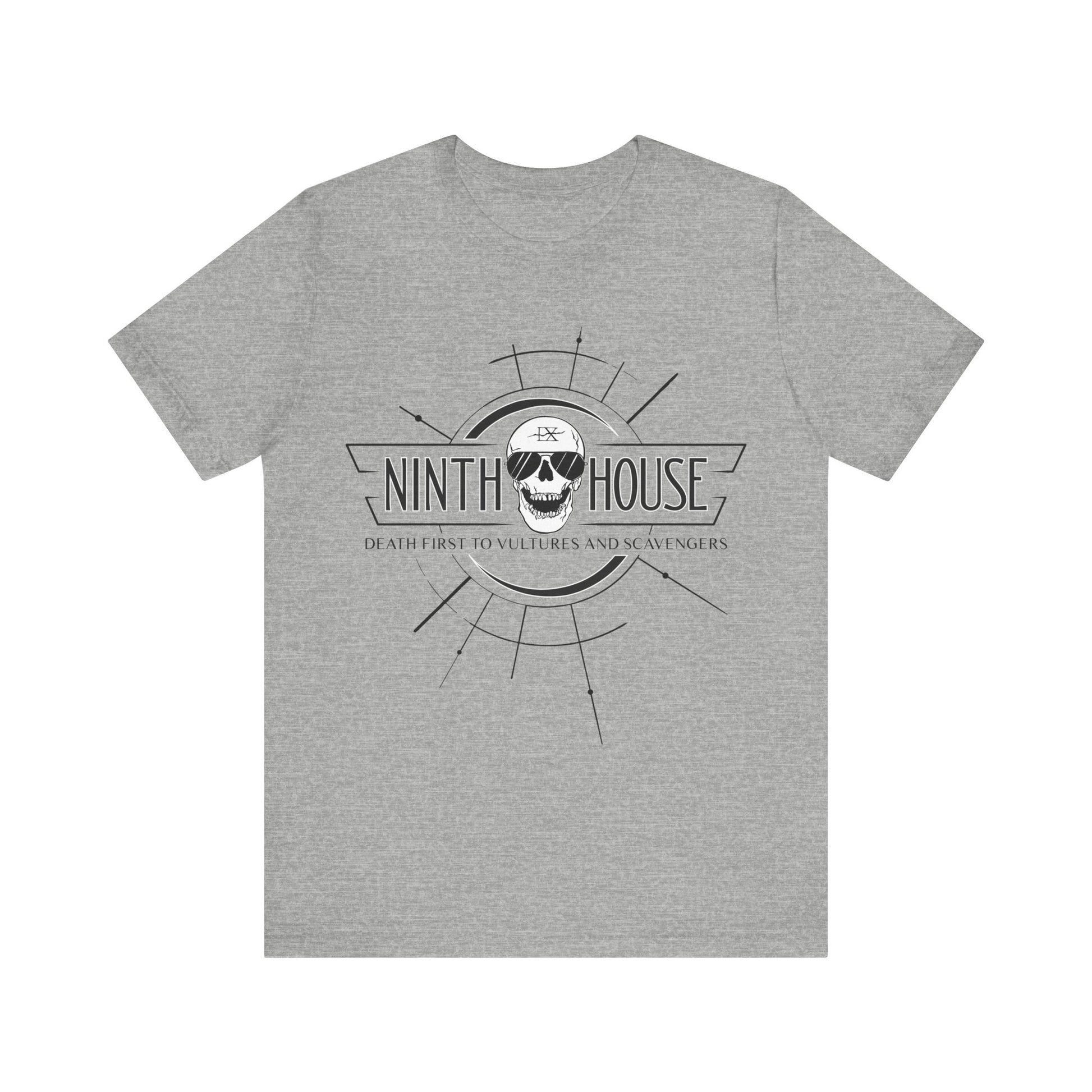 Gideon the ninth themed ninth house sweatshirt in grey with skull and the phrase "death first to vultures and scavengers" 