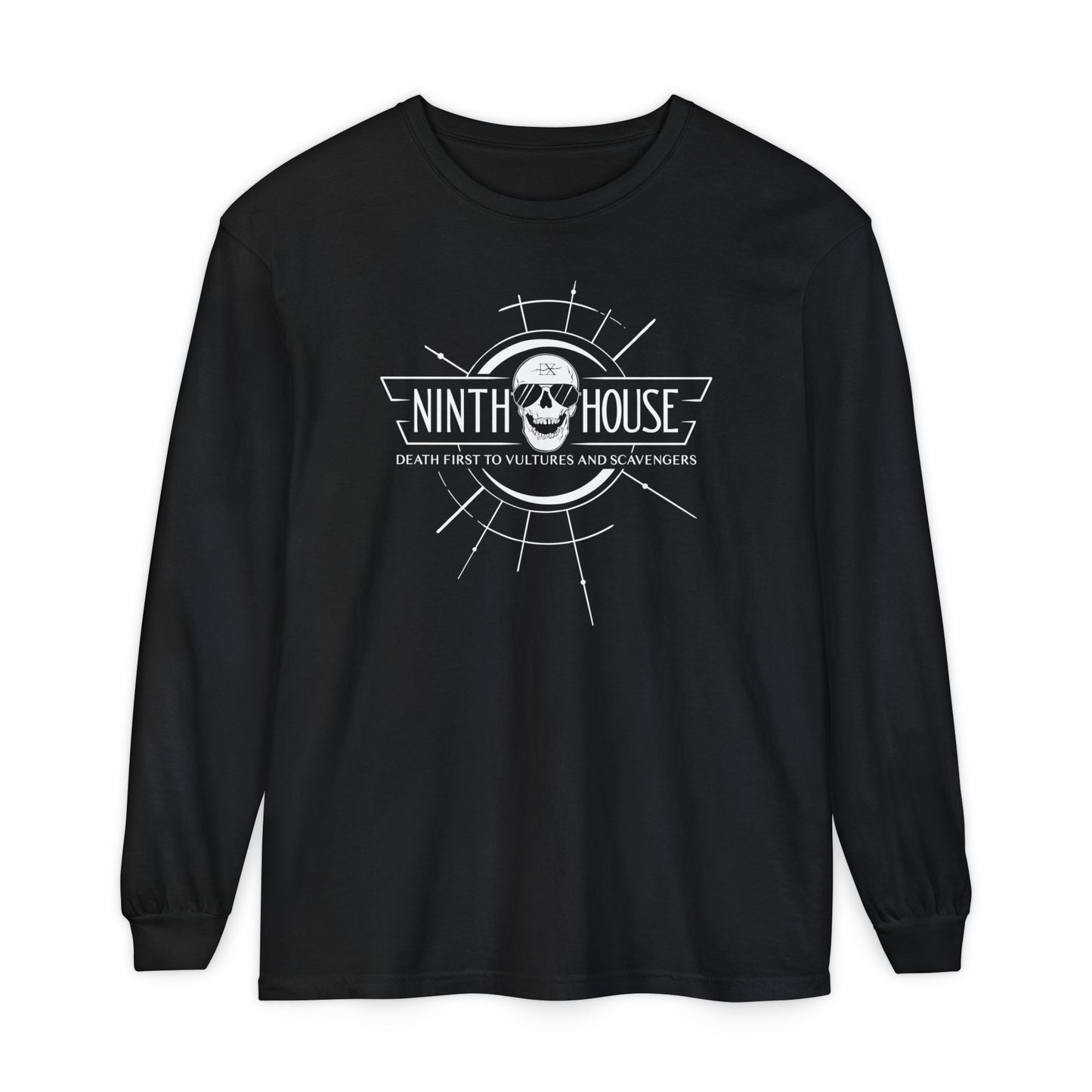 Gideon the ninth themed ninth house long sleeve shirt in black with skull and the phrase "death first to vultures and scavengers" 