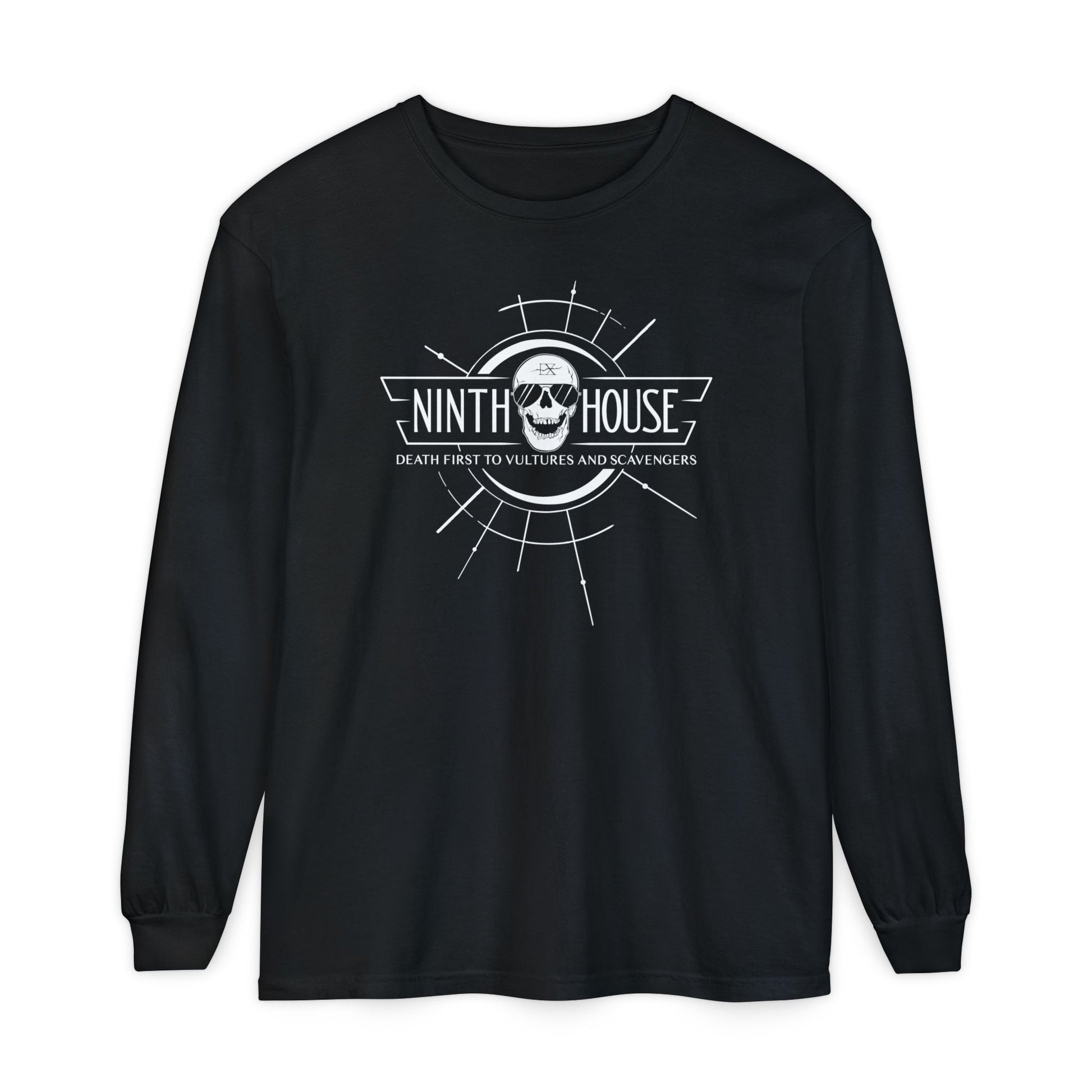 Gideon the ninth themed ninth house long sleeve shirt in black with skull and the phrase "death first to vultures and scavengers" 