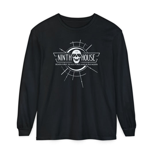 Gideon the ninth themed ninth house long sleeve shirt in black with skull and the phrase "death first to vultures and scavengers" 