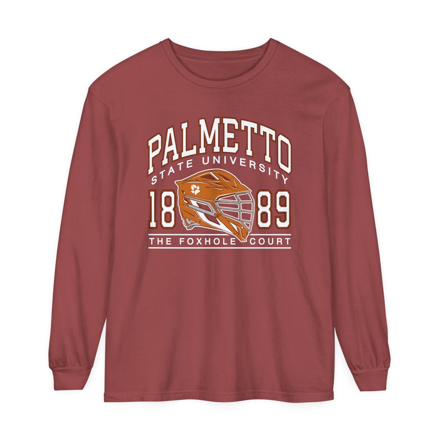 Palmetto state university foxhole court all for the game long sleeve shirt in rust on white background 