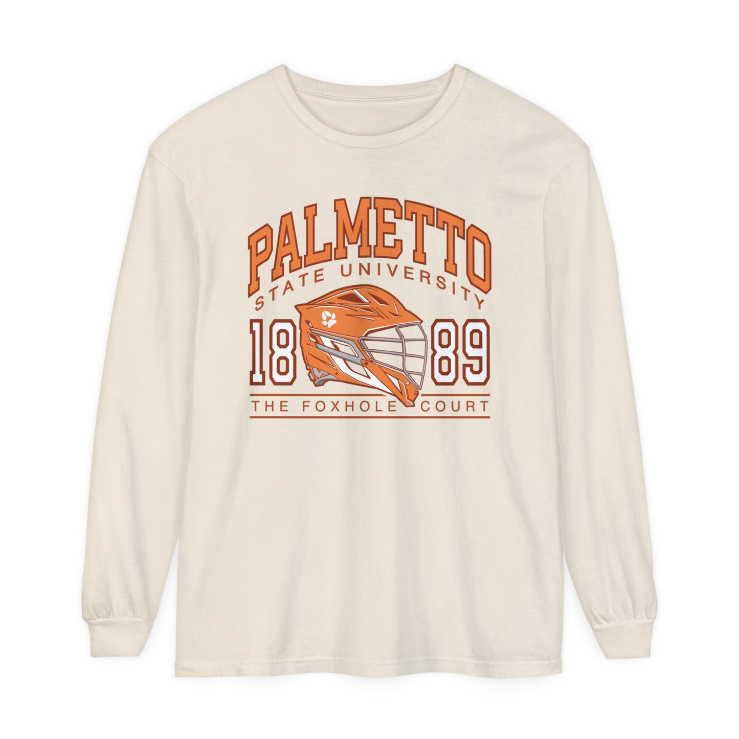 Palmetto state university foxhole court all for the game long sleeve shirt in cream on white background 