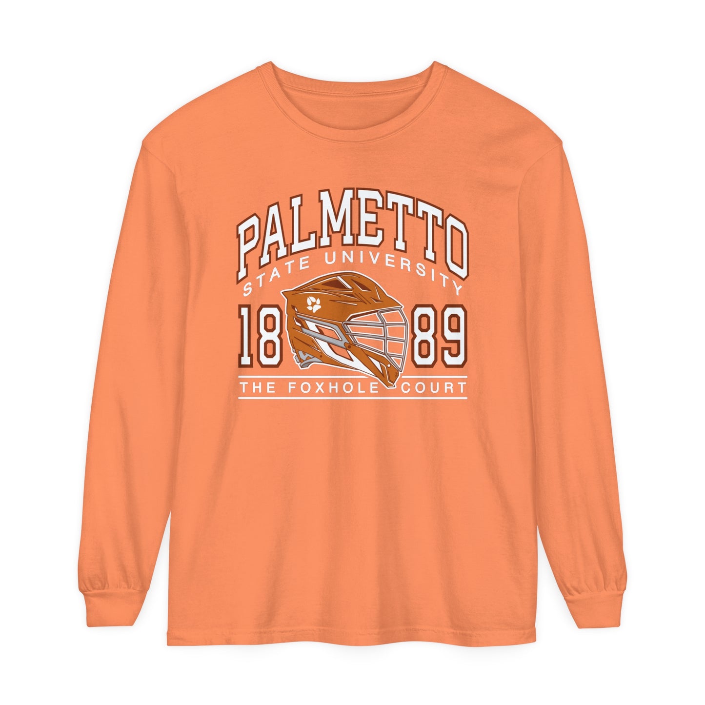 Palmetto state university foxhole court all for the game long sleeve shirt in orange on white background 