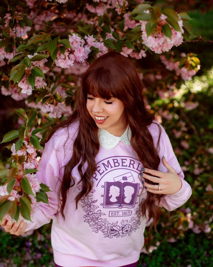Pemberley sweatshirt in pink modeled by molly