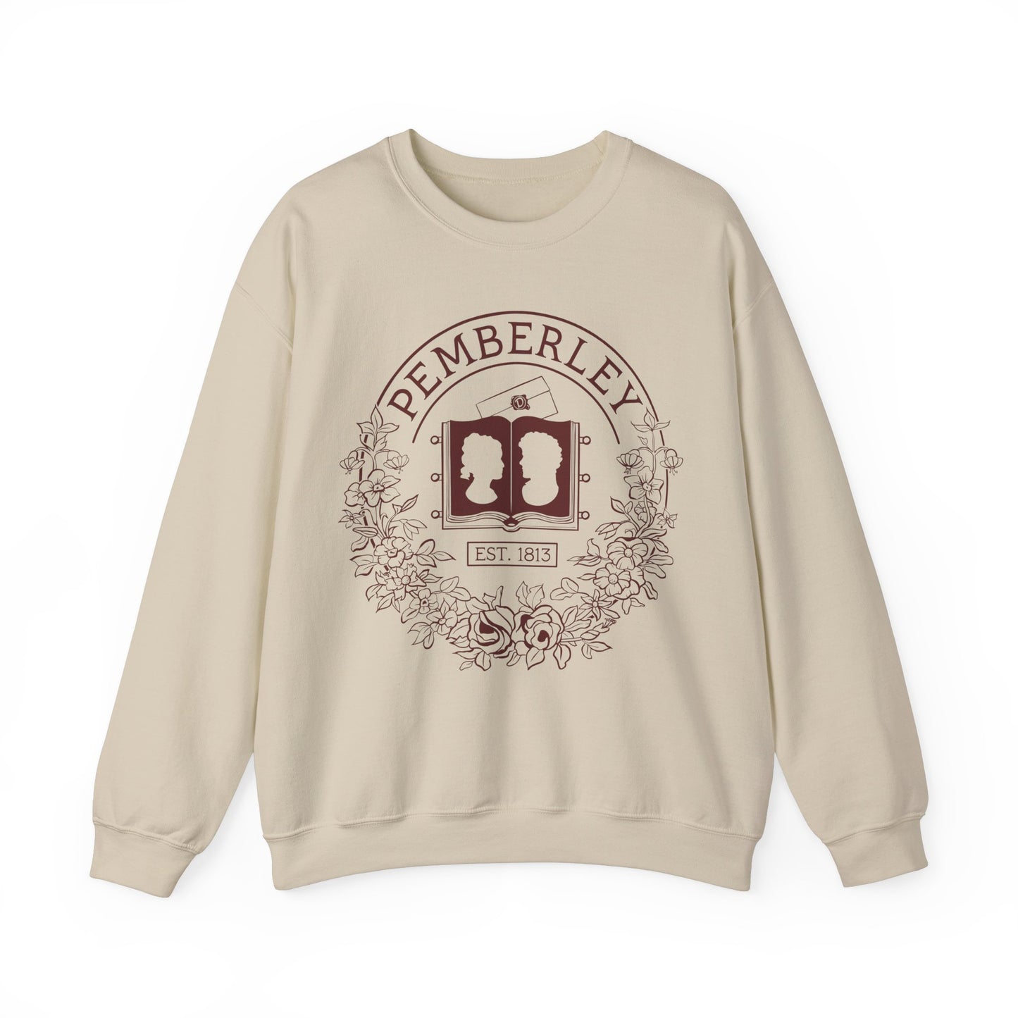 Pemberley sweatshirt in tan with pride and prejudice illustration in maroon 