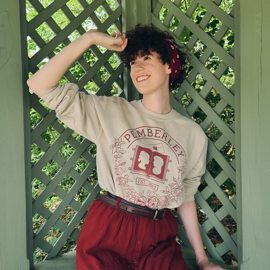 Pemberley sweatshirt in tan modeled 