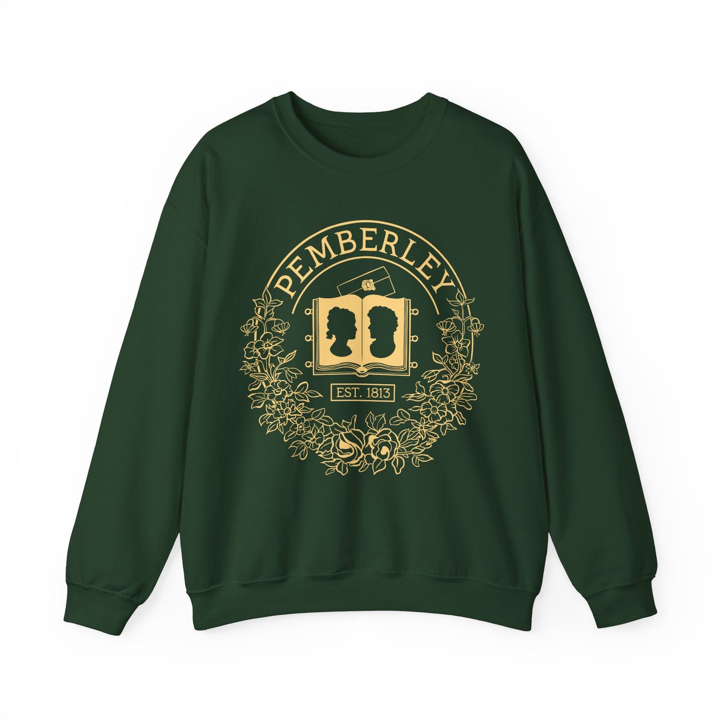 Pemberley sweatshirt in green with pride and prejudice illustration in gold