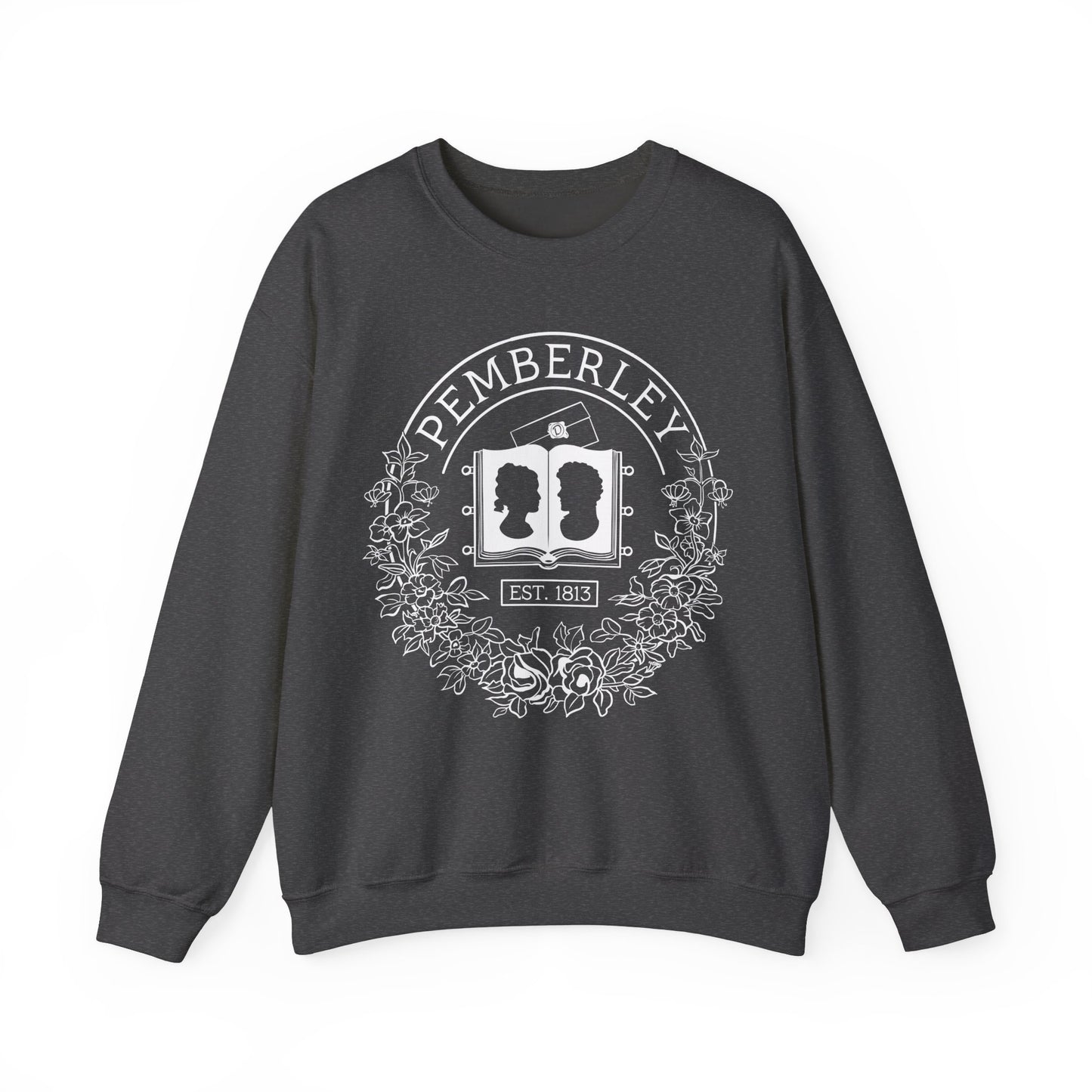 Pemberley sweatshirt in grey with pride and prejudice illustration in white