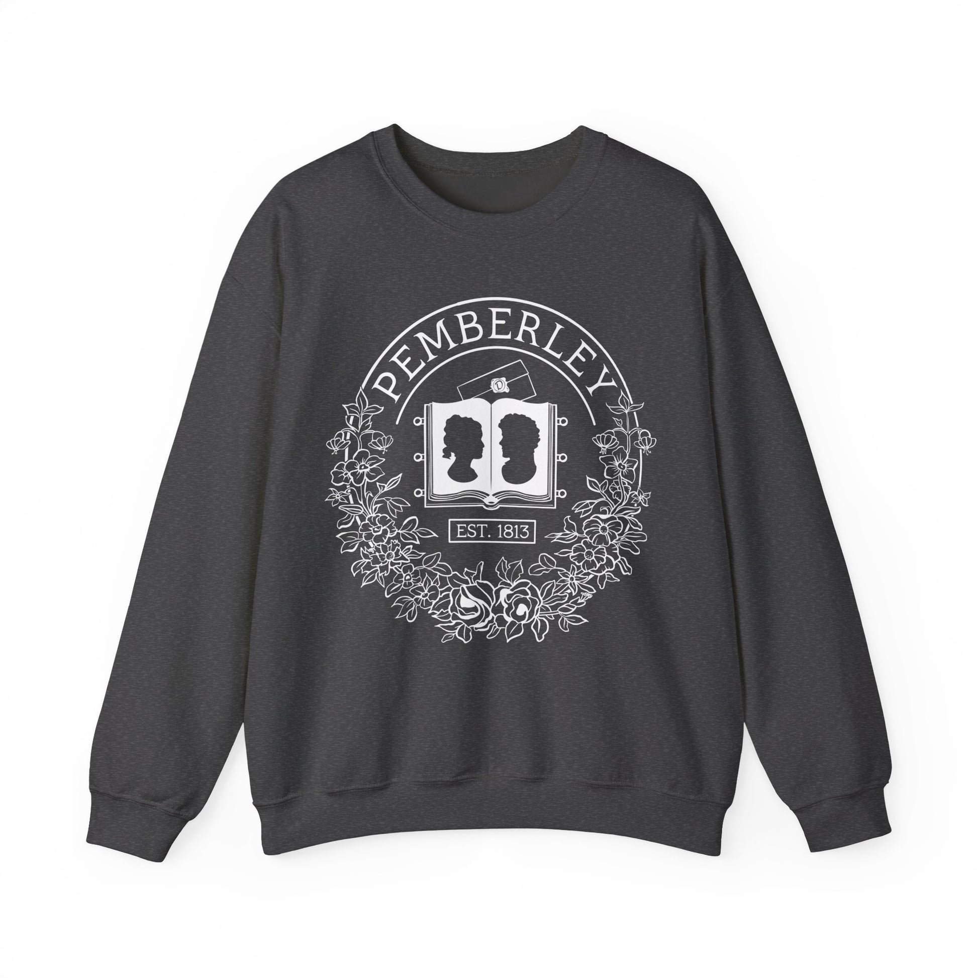 Pemberley sweatshirt in grey with pride and prejudice illustration in white