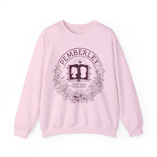 Pemberley sweatshirt in pink with pride and prejudice illustration in maroon 