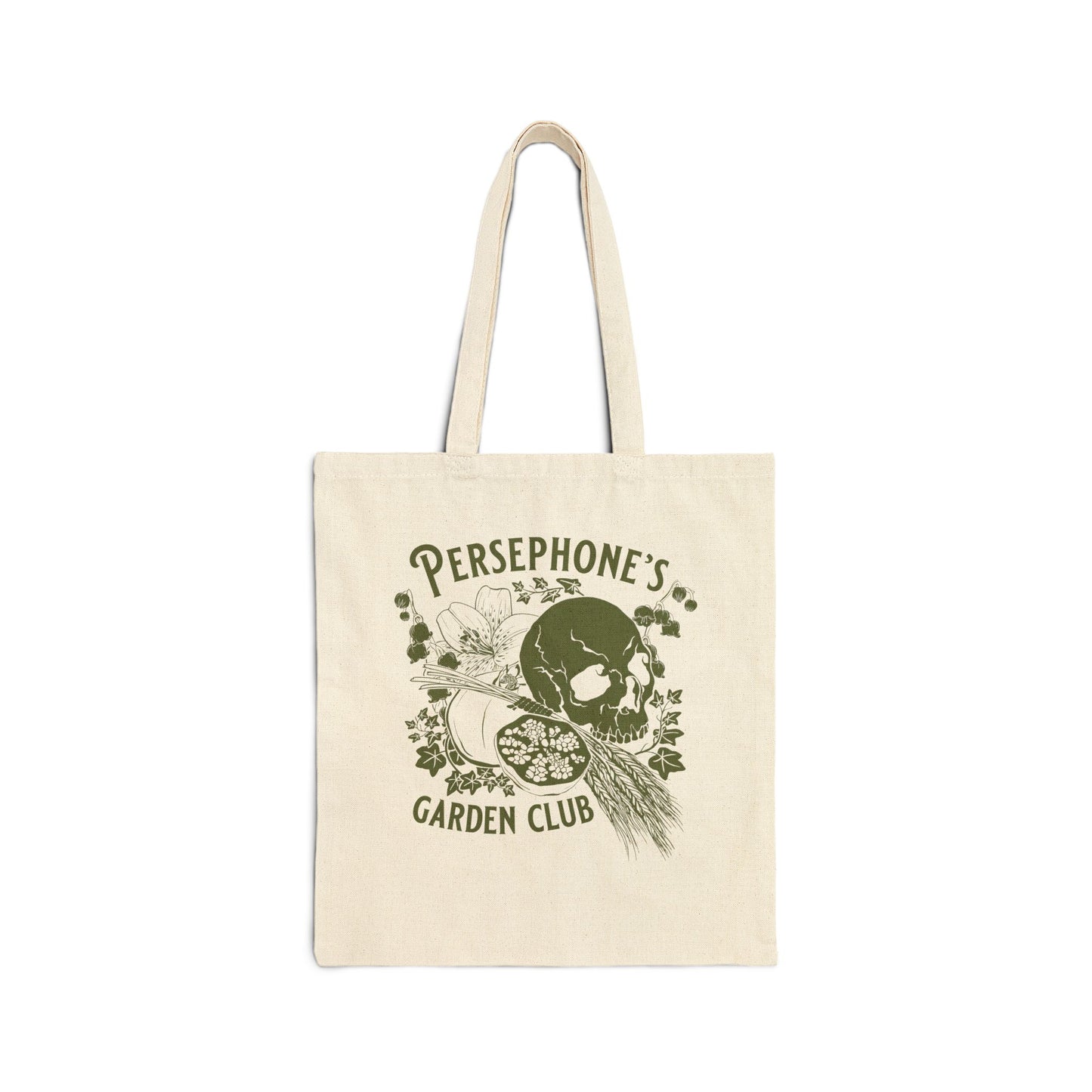 Tote bag with Persephone's garden club illustration in green 