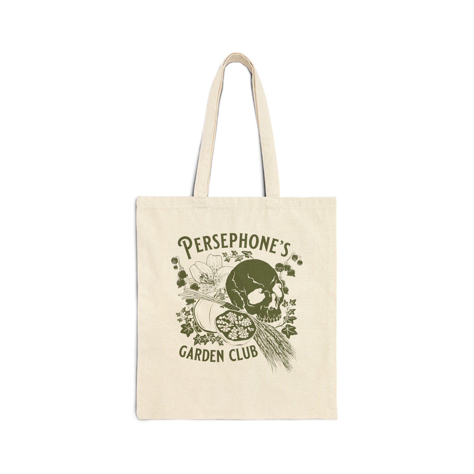 Tote bag with Persephone's garden club illustration in green 