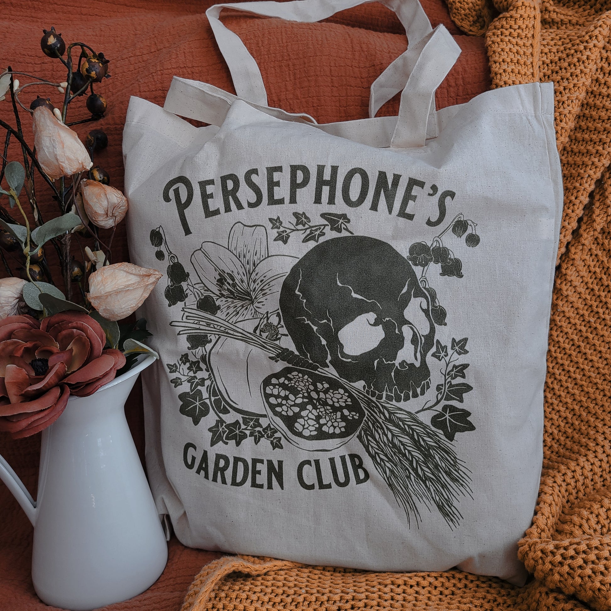 Persephone's Garden Club tote bag with pomegranates and skull 