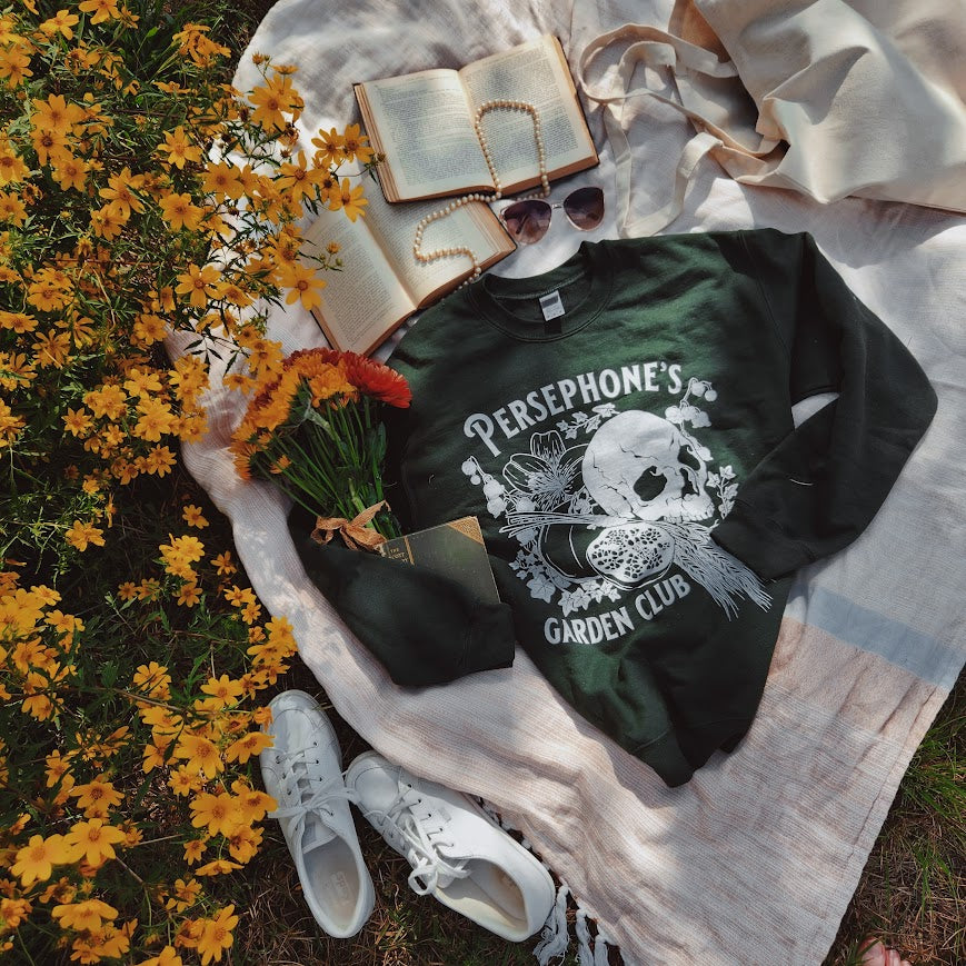 Persephone's Garden Club  sweatshirt in green with pomegranates and skull 