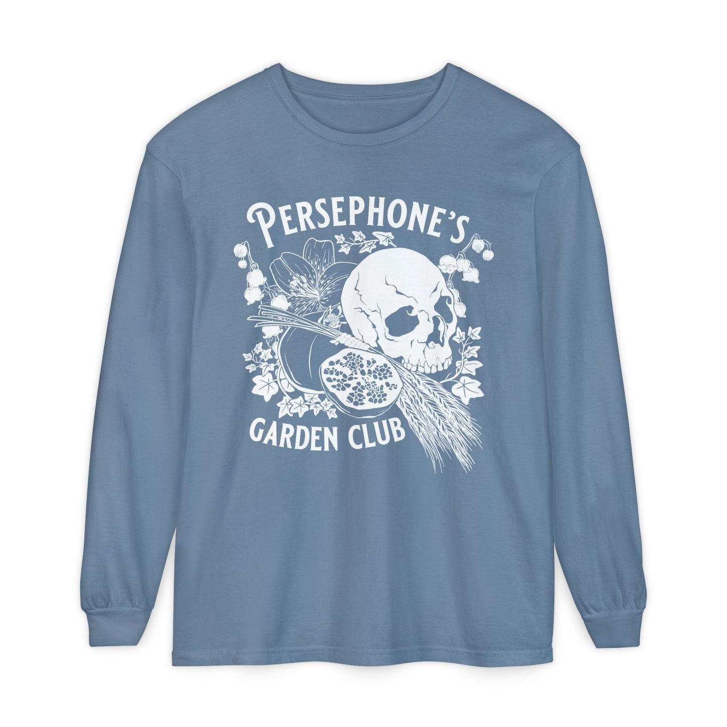 Persephone's Garden Club long sleeve shirt in blue with pomegranates and skull