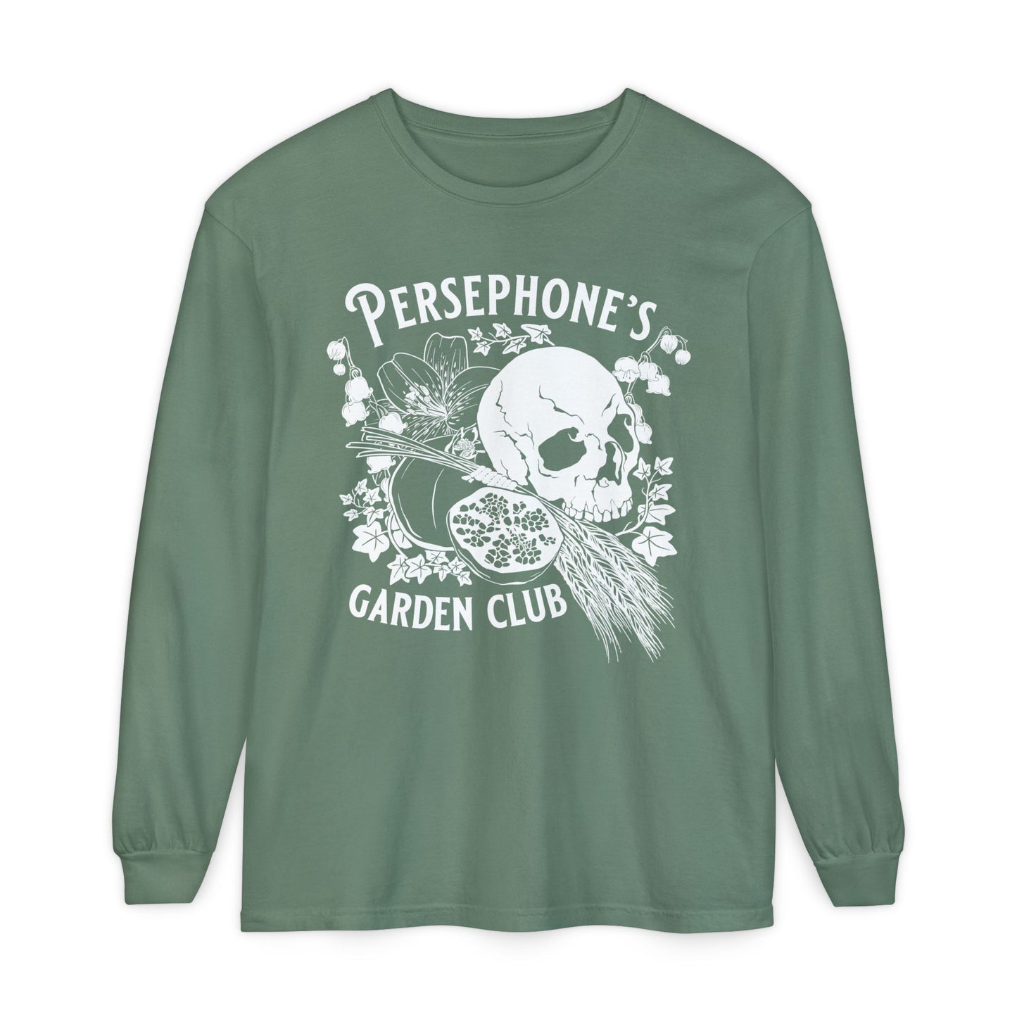 Persephone's Garden Club long sleeve shirt in green with pomegranates and skull