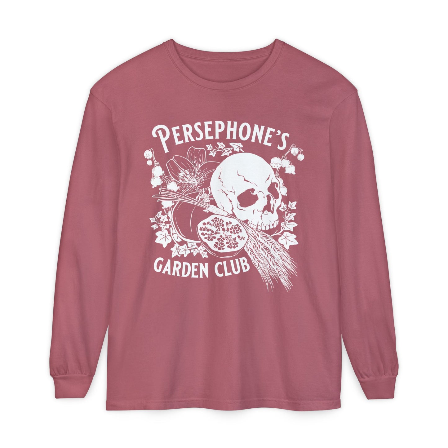 Persephone's Garden Club long sleeve shirt in pink with pomegranates and skull