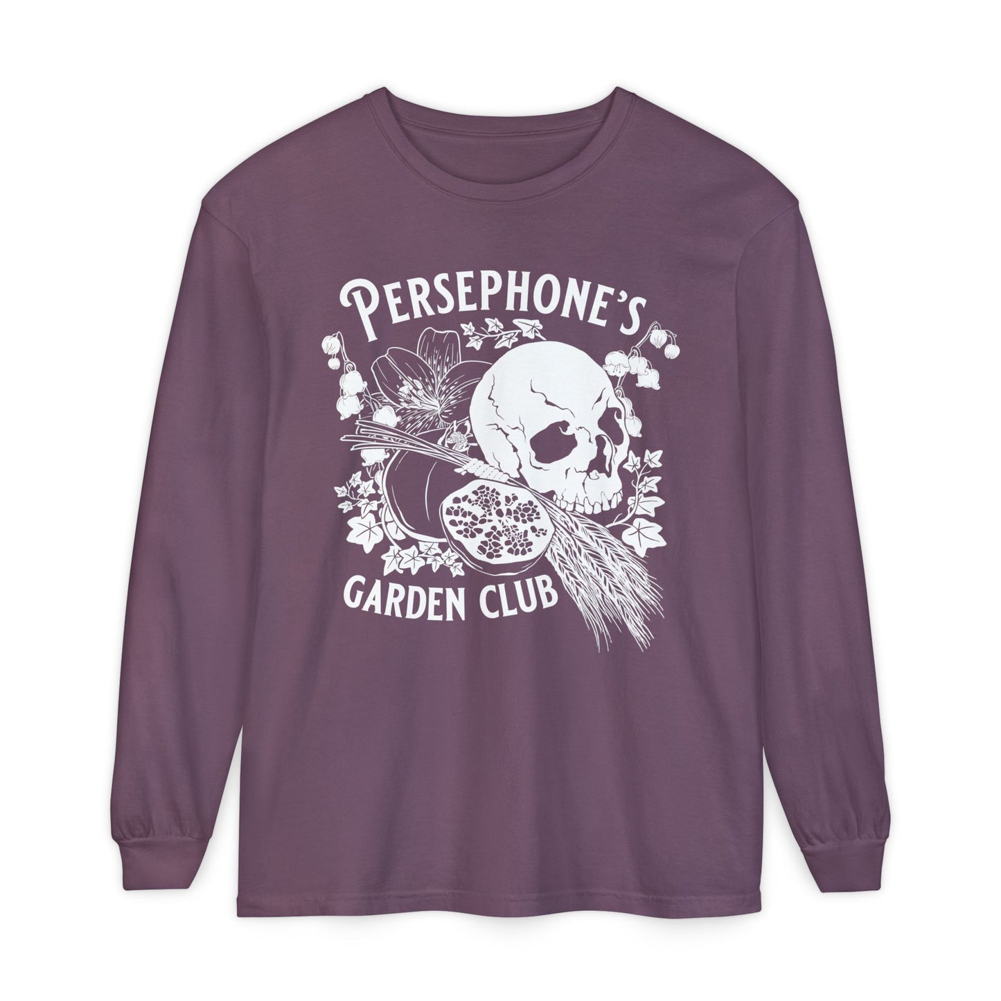 Persephone's Garden Club long sleeve shirt in purple with pomegranates and skull
