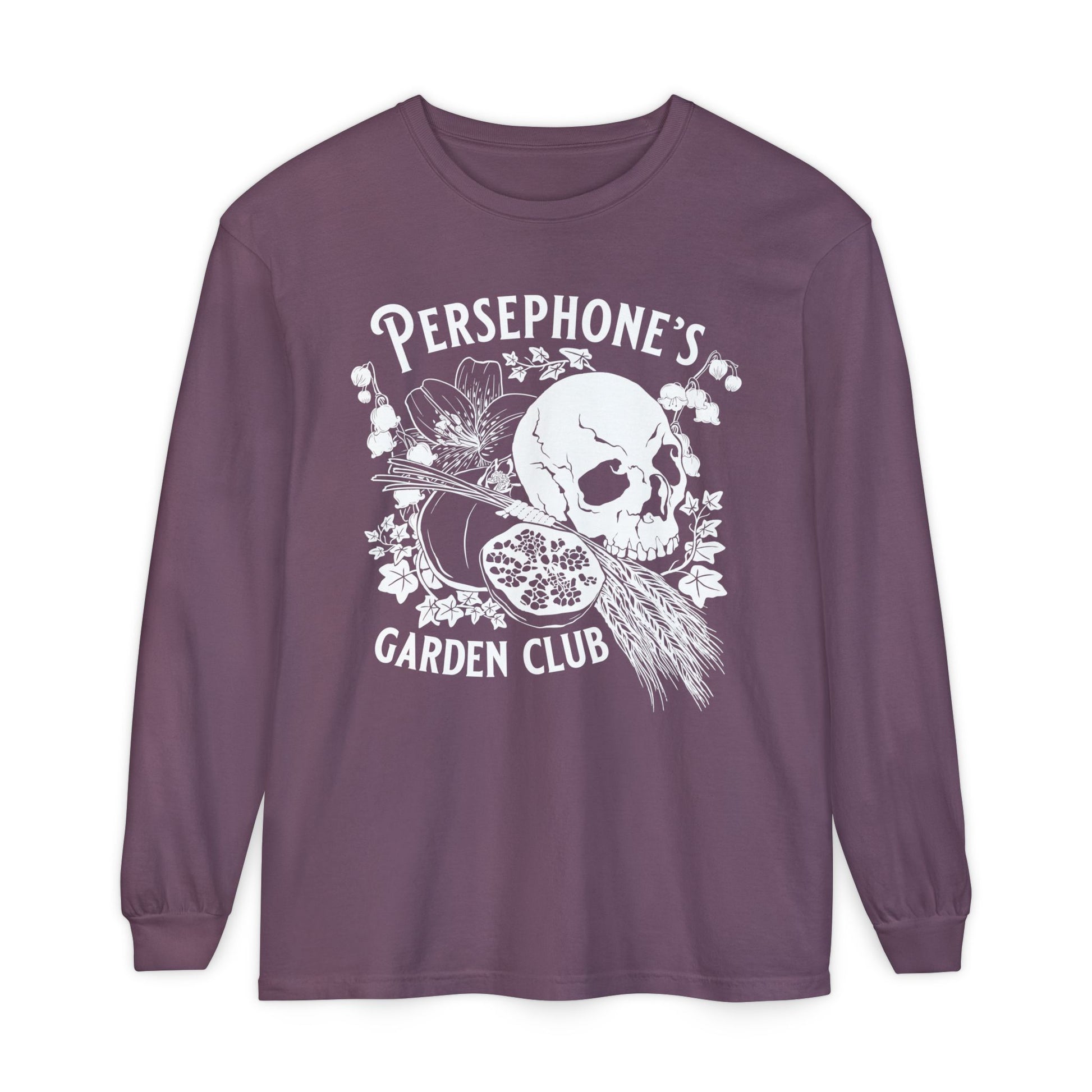 Persephone's Garden Club long sleeve shirt in purple with pomegranates and skull