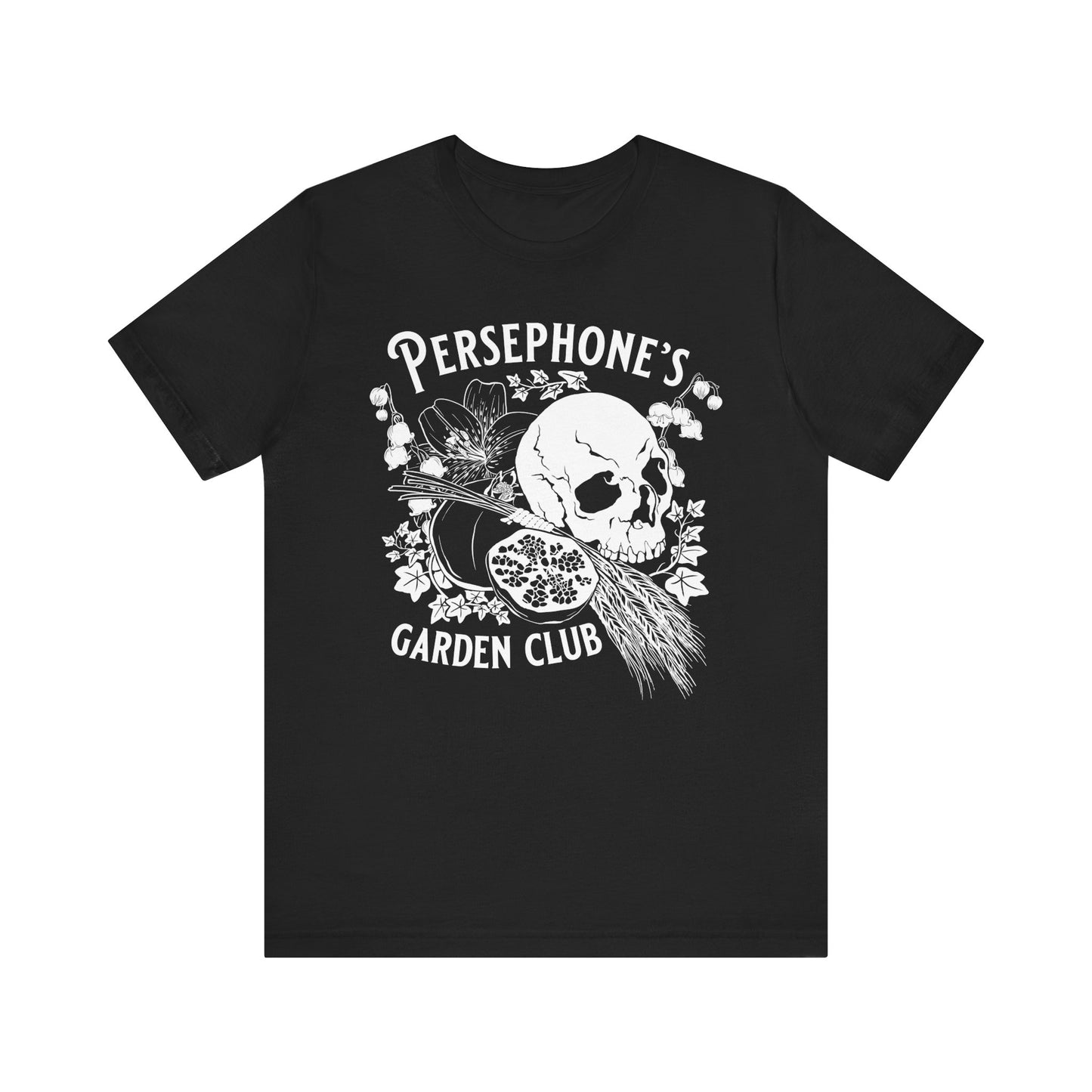 Persephone's Garden Club shirt in black with pomegranates and skull