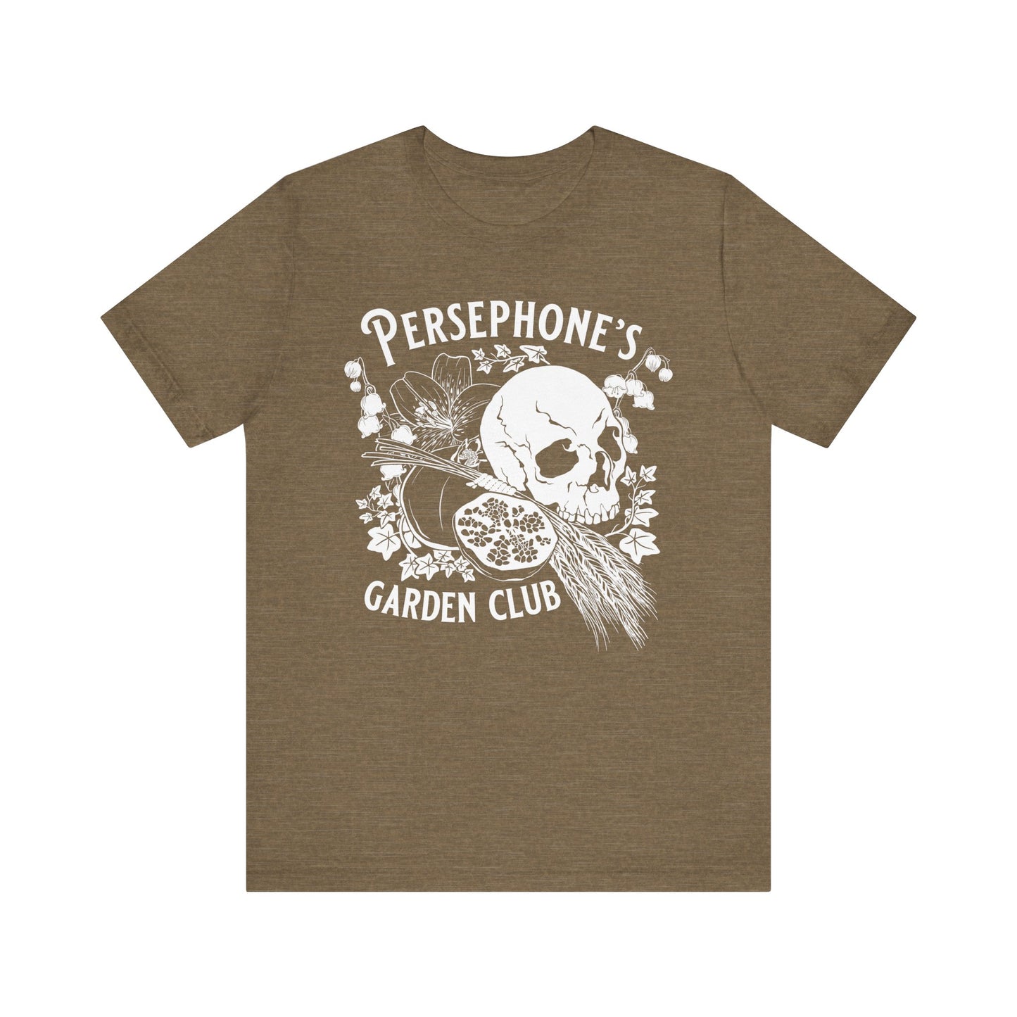 Persephone's Garden Club shirt in green with pomegranates and skull