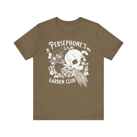 Persephone's Garden Club shirt in green with pomegranates and skull