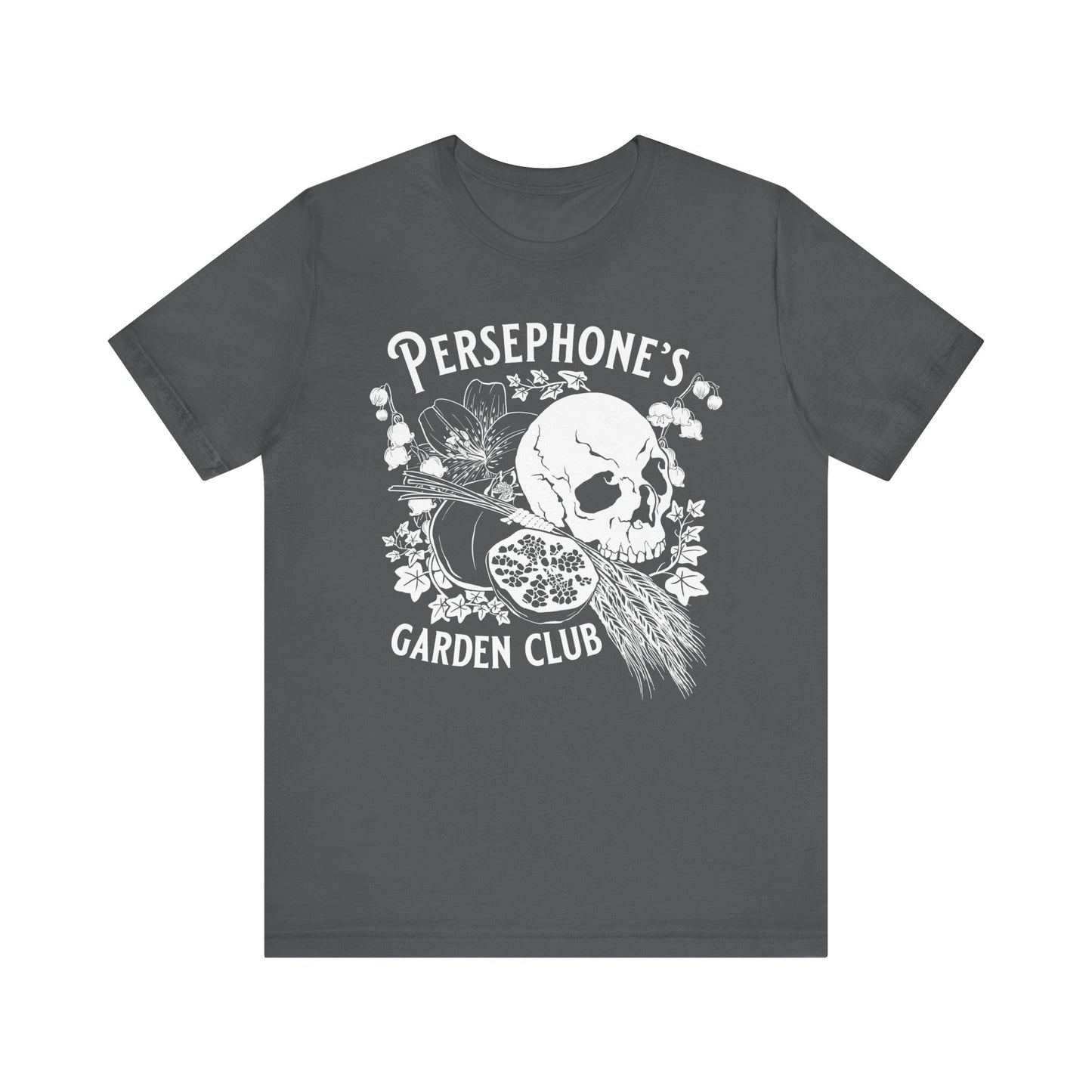 Persephone's Garden Club shirt in grey with pomegranates and skull