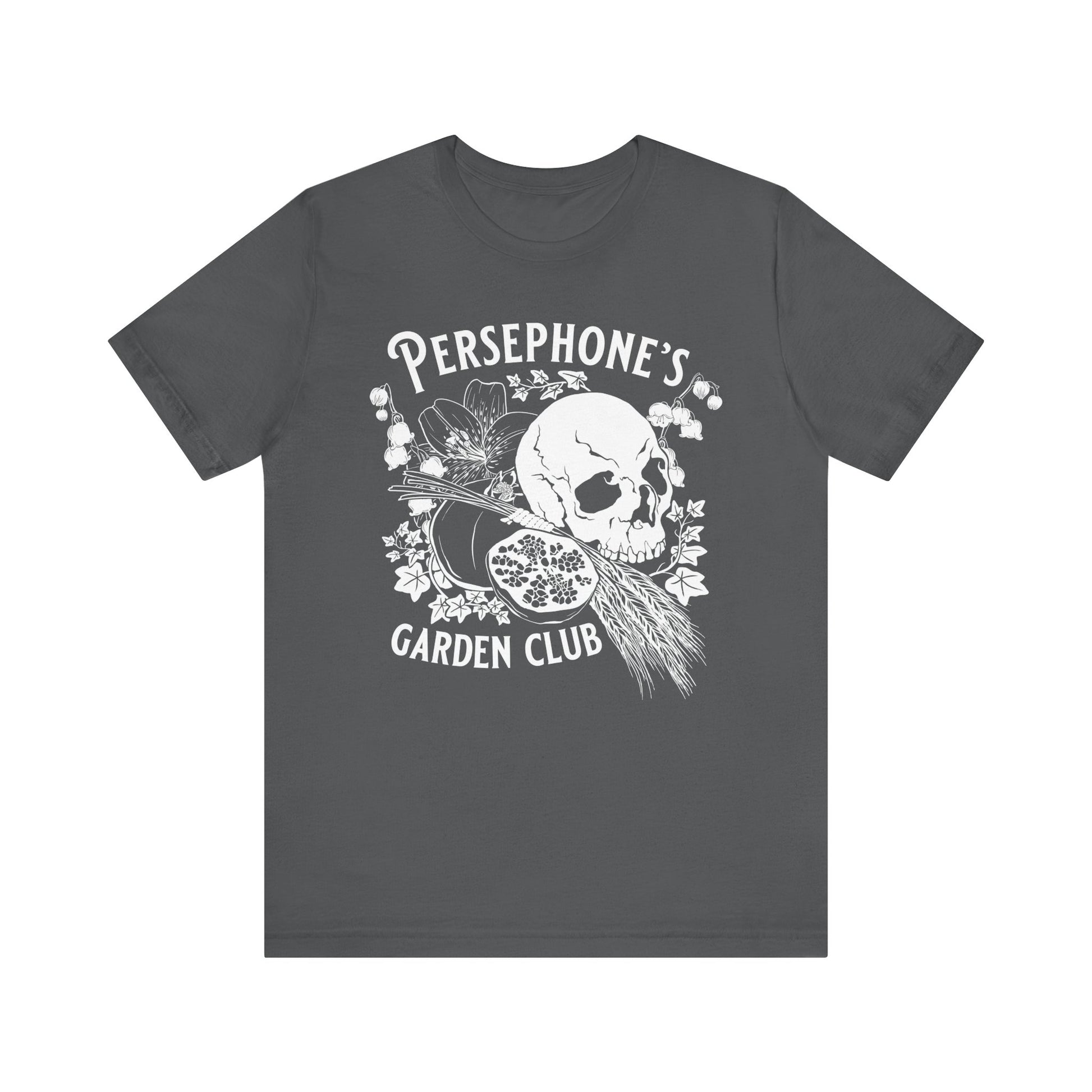 Persephone's Garden Club shirt in grey with pomegranates and skull