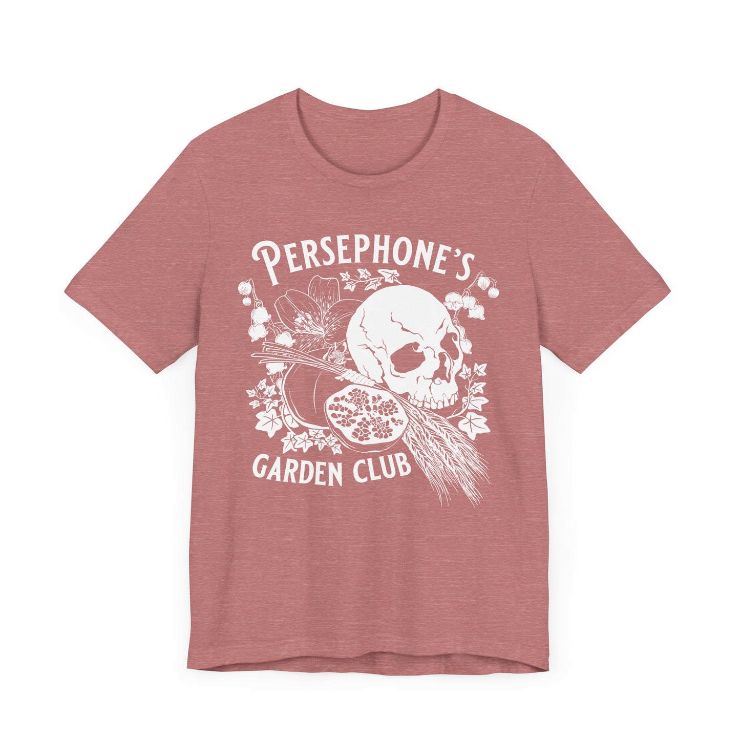 Persephone's Garden Club shirt in heathered pink with pomegranates and skull