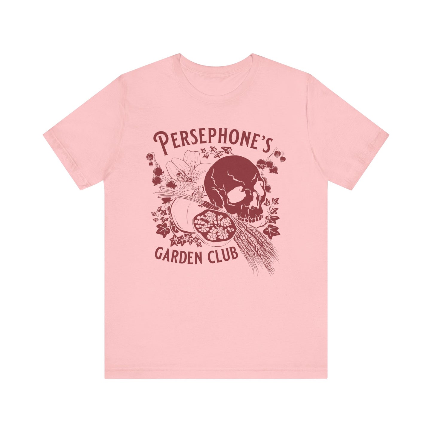 Persephone's Garden Club shirt in grey with pomegranates and skull