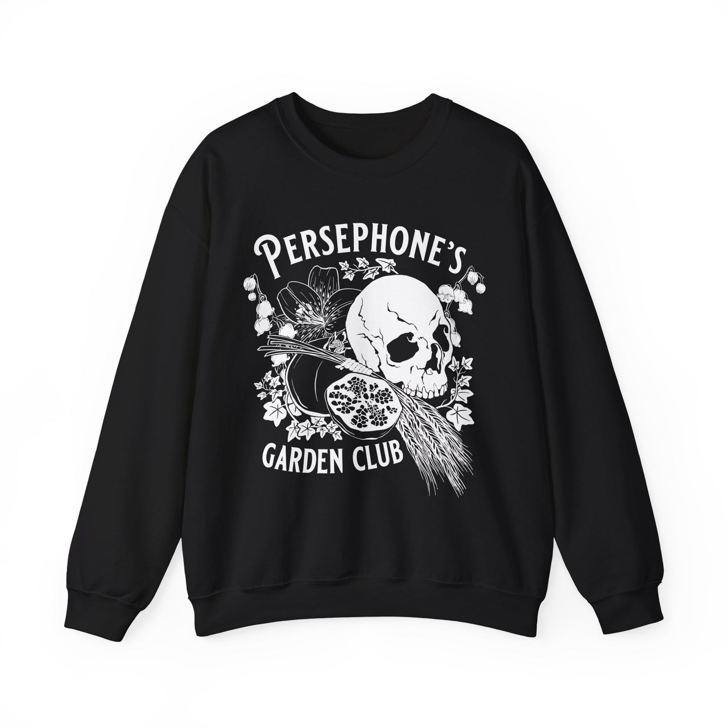 Persephone's Garden Club sweatshirt in black with pomegranates and skull