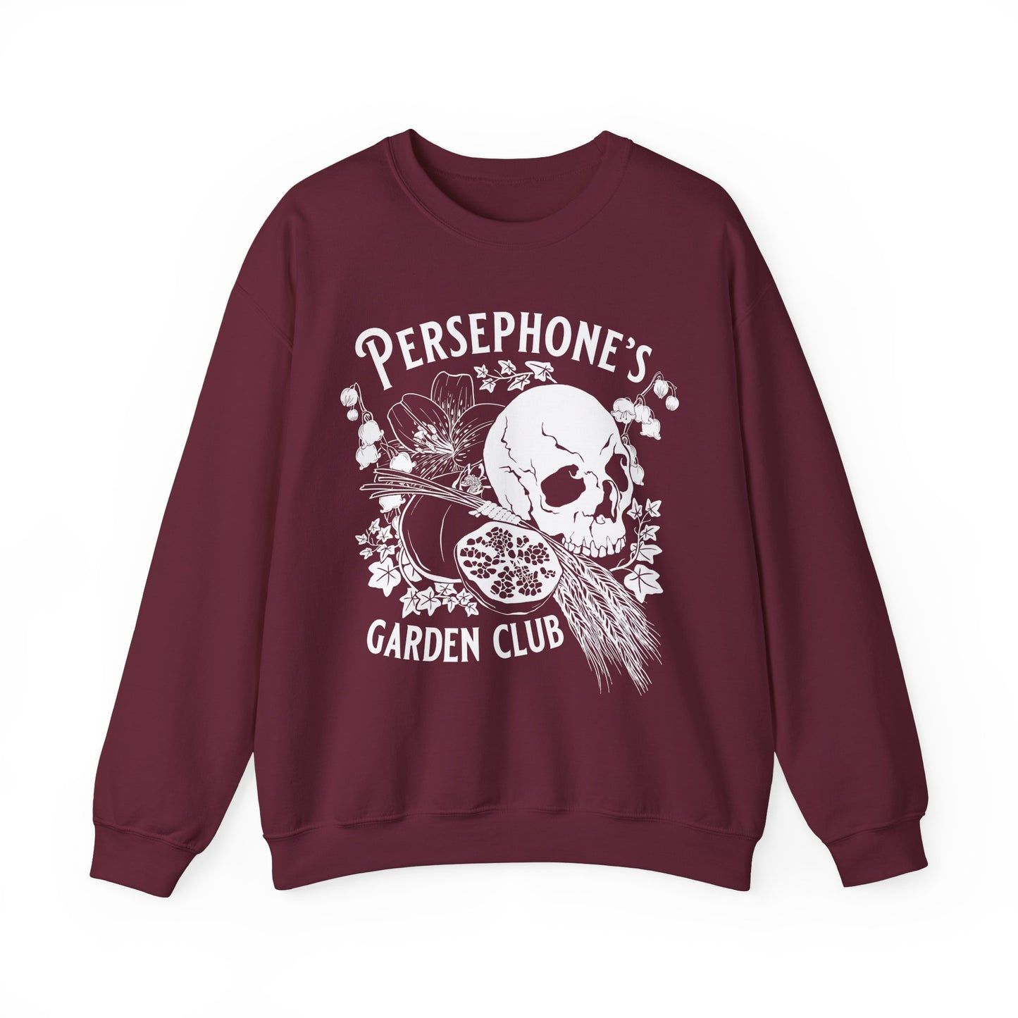 Persephone's Garden Club sweatshirt in maroon with pomegranates and skull
