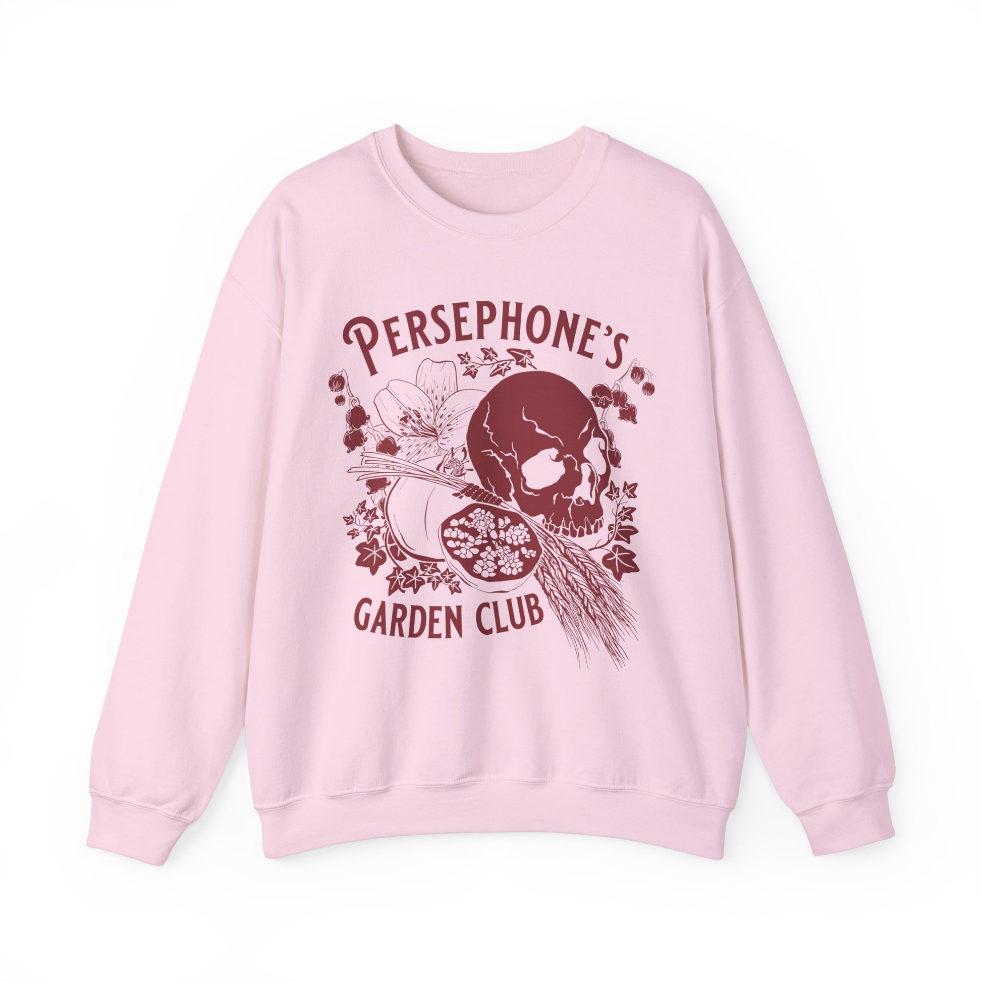 Persephone's Garden Club sweatshirt in purple with pomegranates and skull